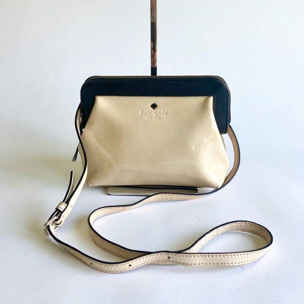 Kate Spade Black Cream Patent Leather Small Crossbody Shoulder Bag